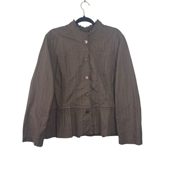 J Jill XL Brown 100% Cotton Ruffle Collar Button Front Peplum Jacket - Picture 1 of 6